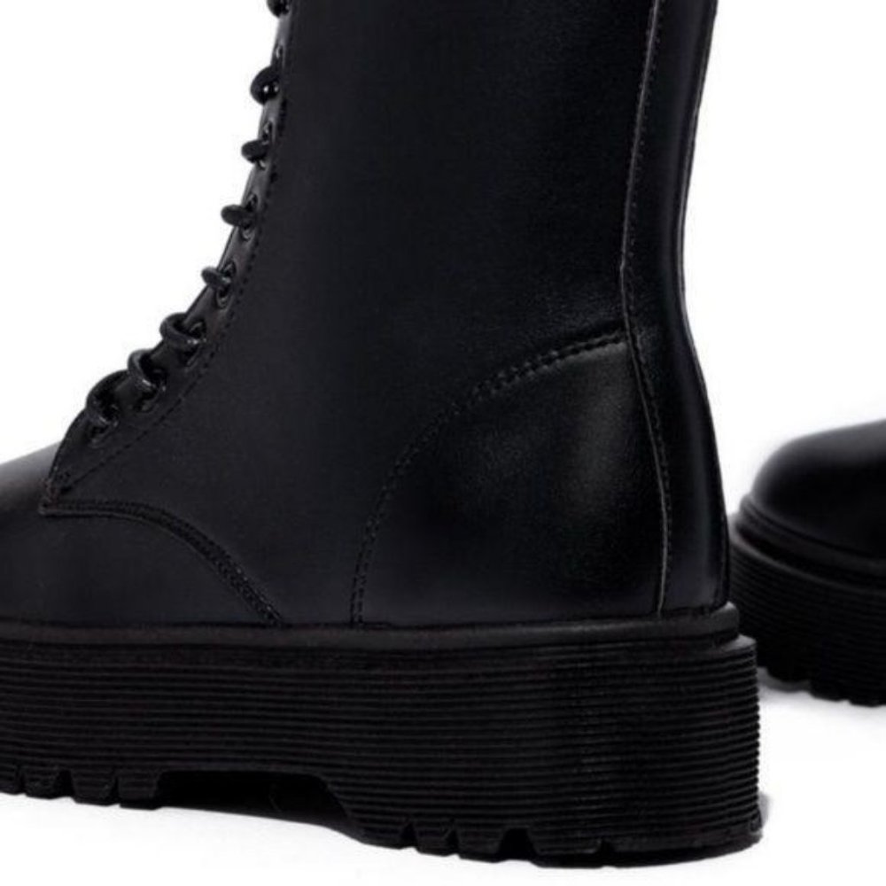Black Faux Leather Combat Boots - Picture 5 of 7